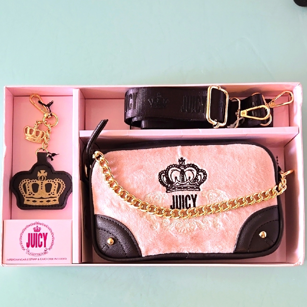 juicy couture dusty blush slim camara bag and keychain and strap set